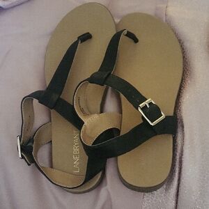 Lane Bryant Black and Tan T-Bar Sandals with Adjustable Strap